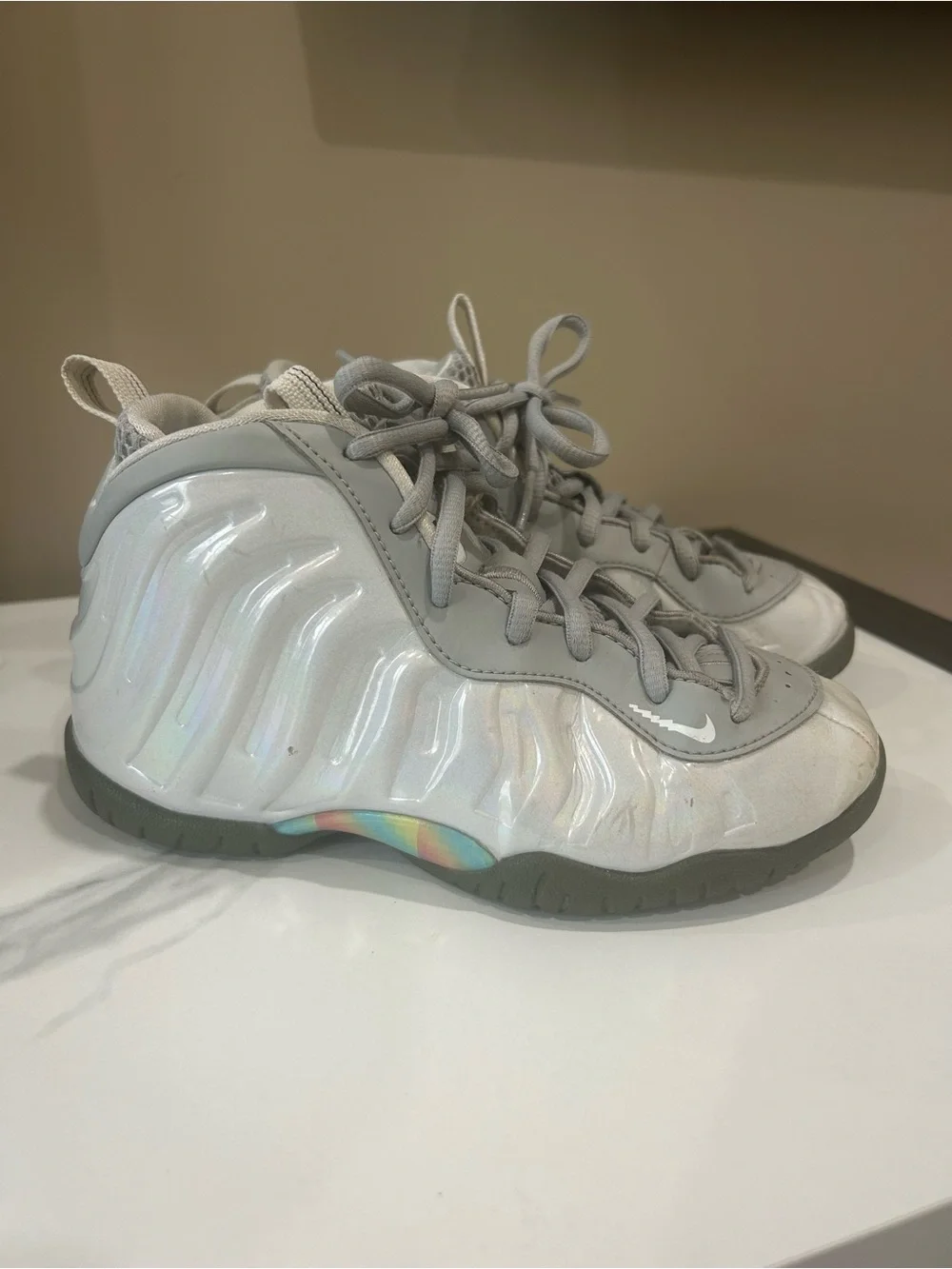 Nike Little Posite One Foamposite Kids 1Y Iridescent White Grey Sneakers